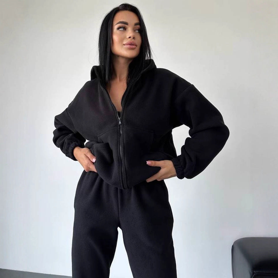 Damen sportliches Fleece-Set mit hohem Kragen und seitlichen Taschen WW