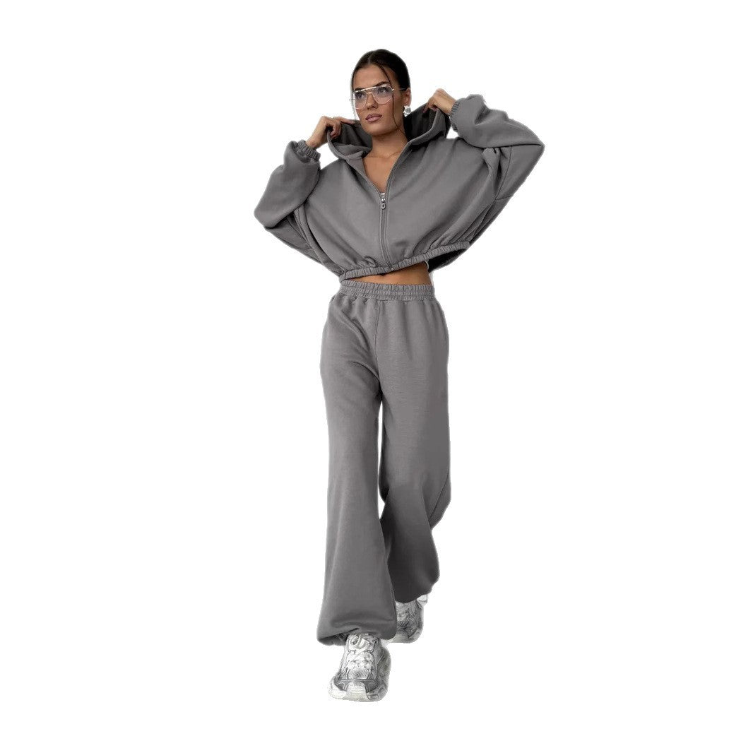 Damen lässiges Sweater-Set aus cropped Hoodie und bequemer Hose mit elastischem Bund WW