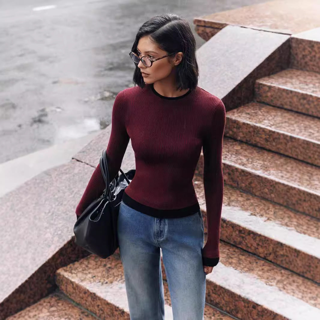Damen figurbetontes Strickoberteil mit kontrastierenden Bündchen WW