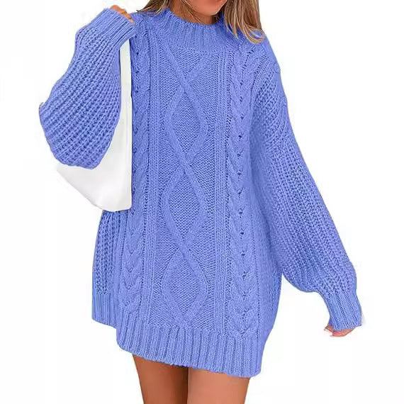 Damen Grobstrick Pulloverkleid mit asymmetrischem Saum und Zopfdesign WW