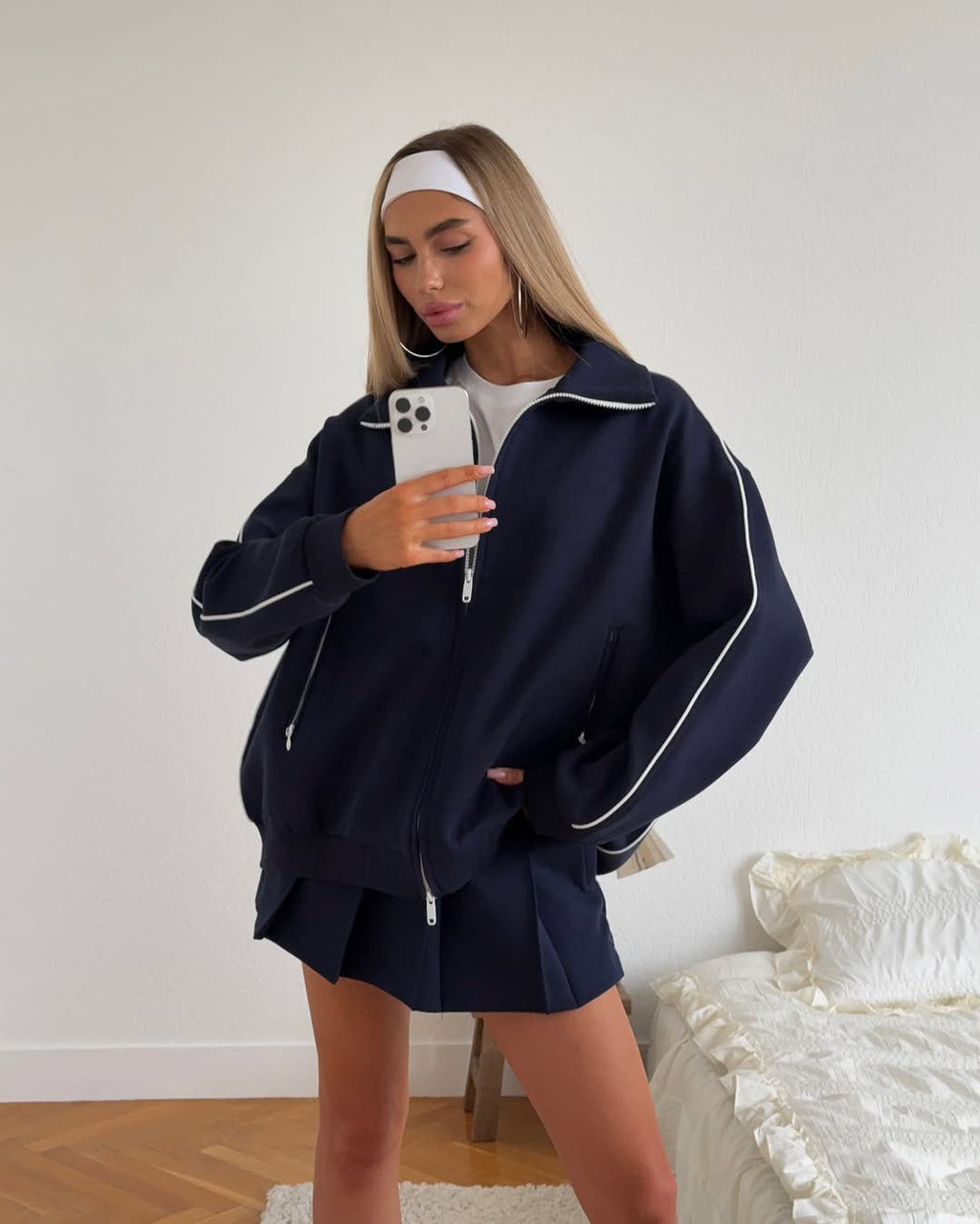 Damen sportliches Oversized Jacken- und Rock-Set mit Reißverschluss und elastischem Bund WW
