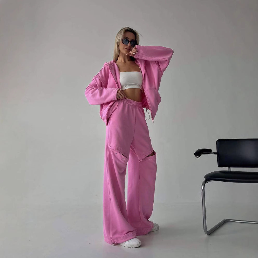 Damen sportliches Ensemble mit übergroßer Kapuzenjacke und bequemen Ripp-Hosen WW