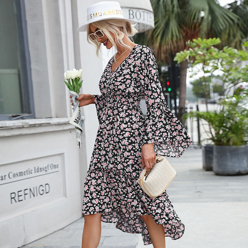 Damen Maxi-Kleid mit voluminösen Ärmeln und floralem Taillenbund WW