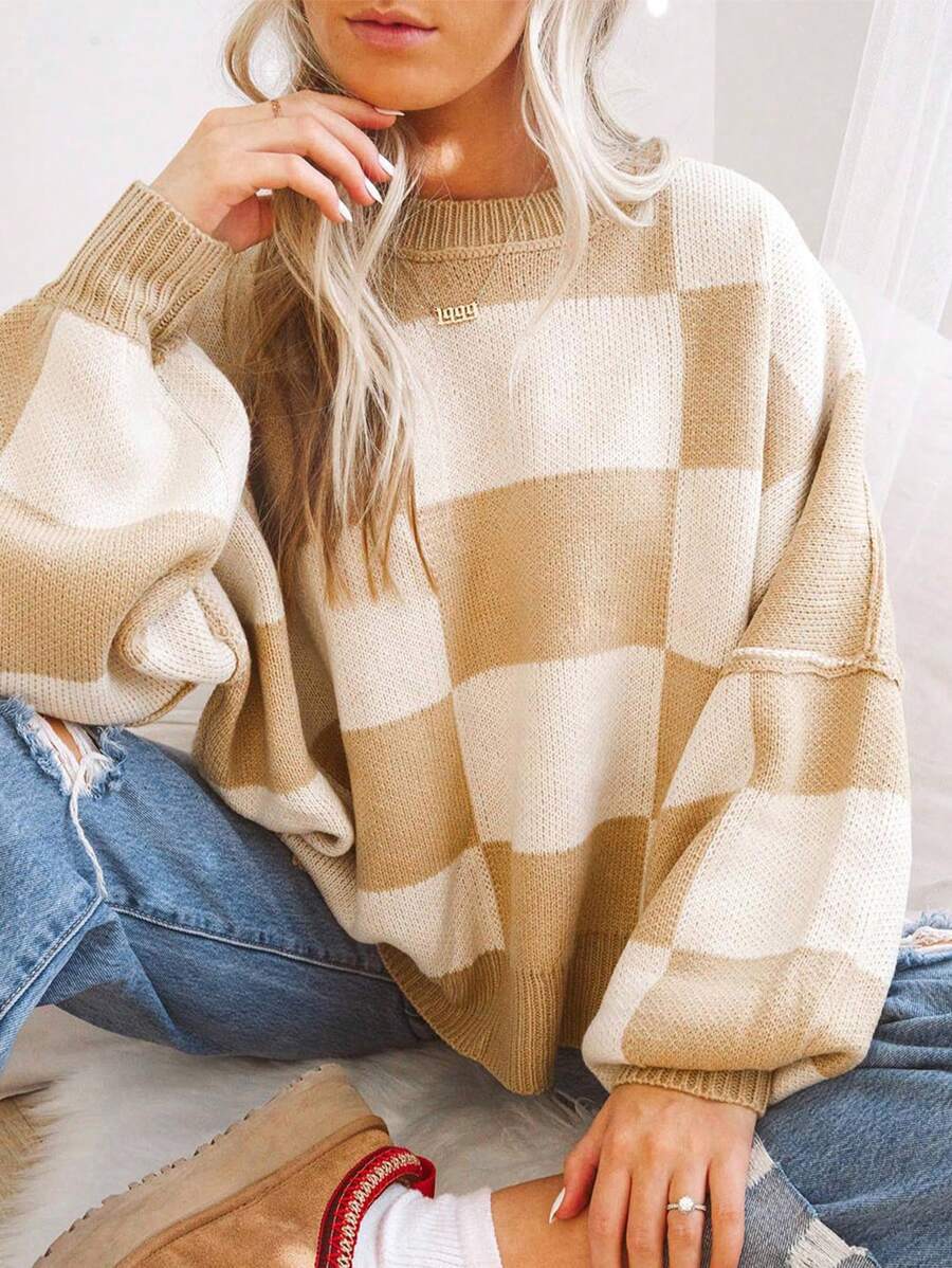 Damen modischer Pullover mit Karomuster und weitem Schnitt WW