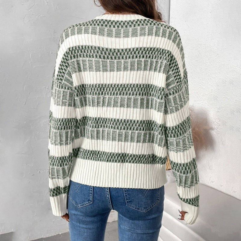 Damen lässiger Strickpullover mit modischem Streifenmuster und weiten Ärmeln WW