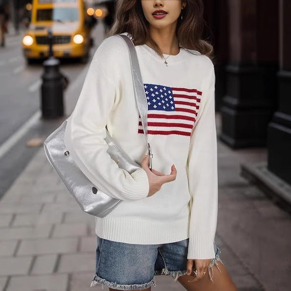 Damen Strickpullover mit Flaggenmotiv und lässigem Schnitt WW
