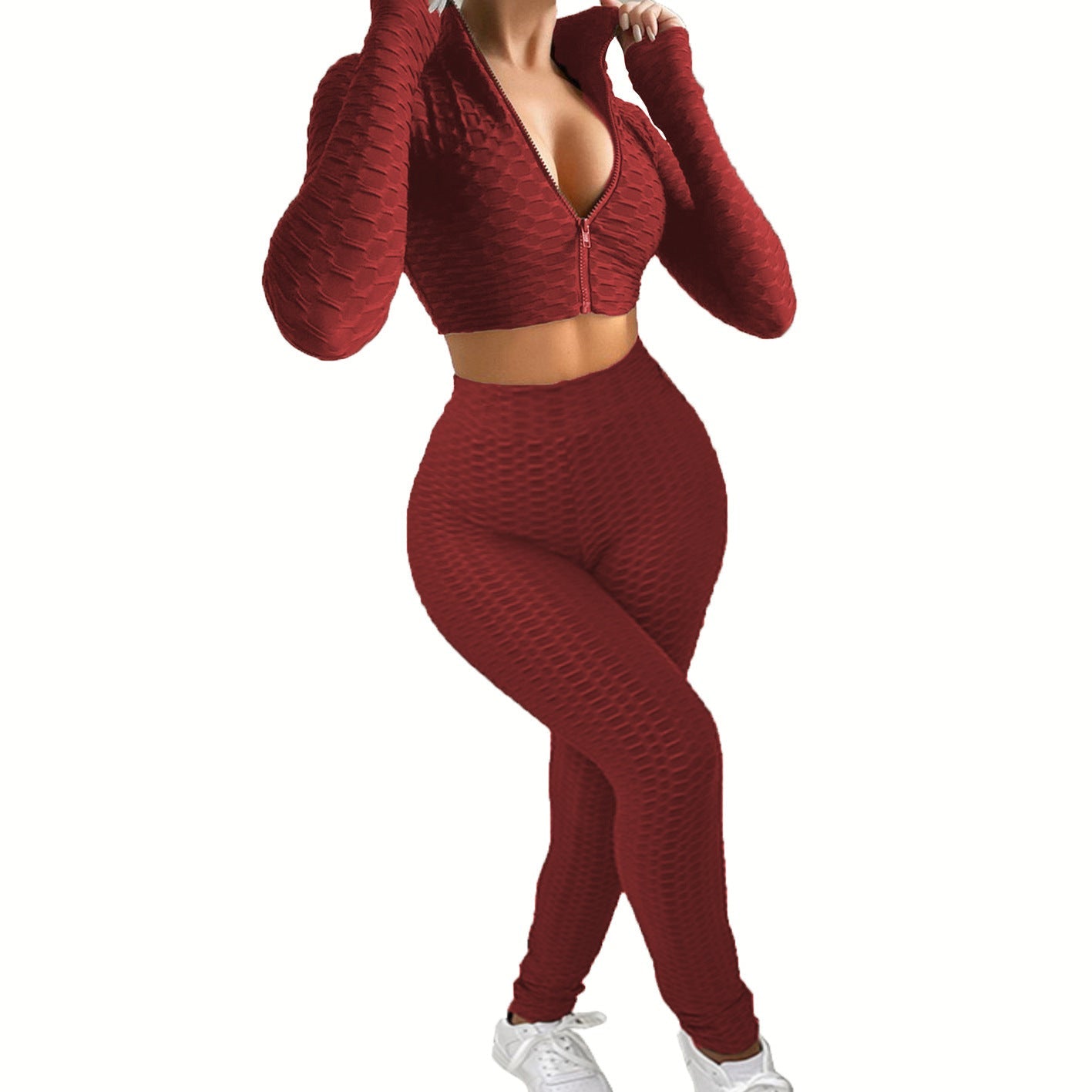 Damen Sportliches Zwei-Teiliges Set mit hochgeschlossenem Reißverschluss und strukturierter Oberfläche WW