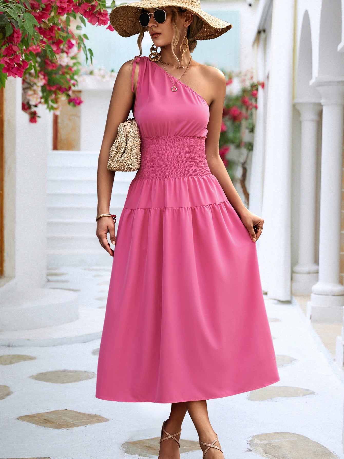 Damen Maxikleid mit schulterfreiem Design und elastischem Taillenzug WW