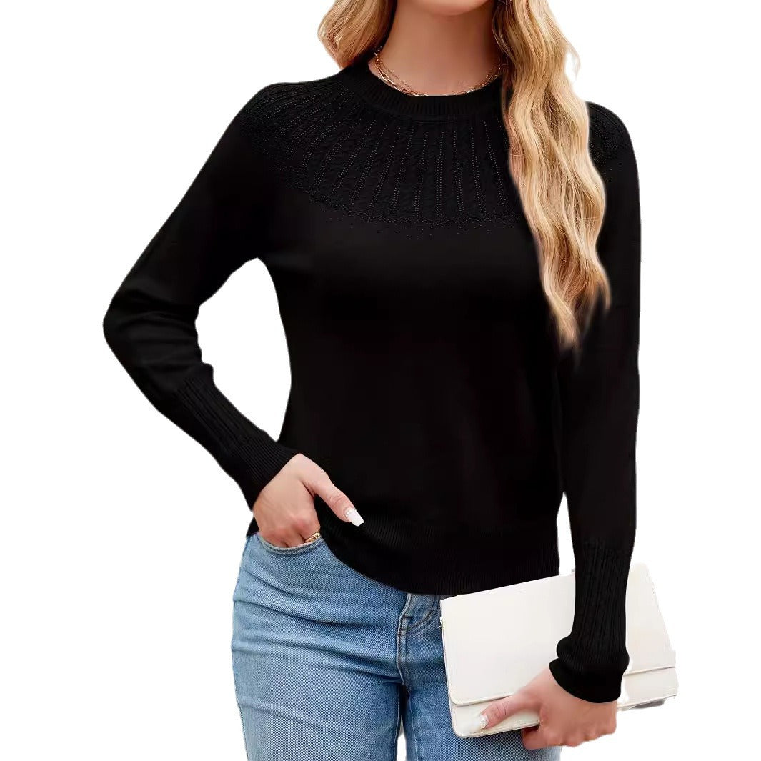 Damen eleganter Strickpullover mit kunstvoller Spitzenstruktur und elegantem Rundhalsausschnitt WW