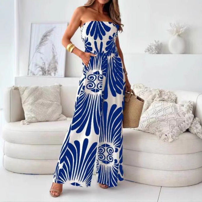 Damen luftiger Maxijumpsuit mit trägerlosem Design und praktischen Seitentaschen WW