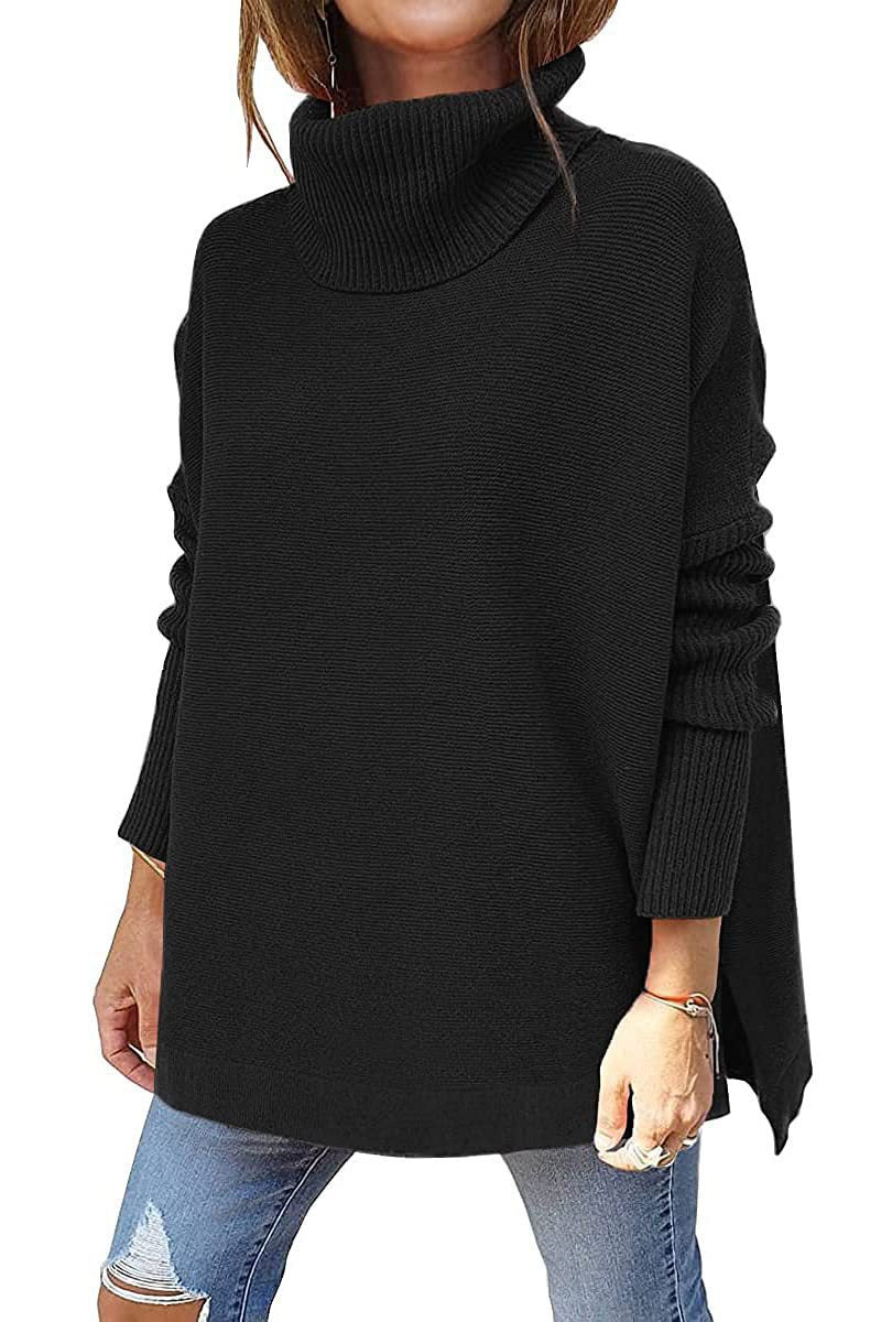 Damen Strickpullover mit hohem Kragen und seitlichen Schlitzen WW