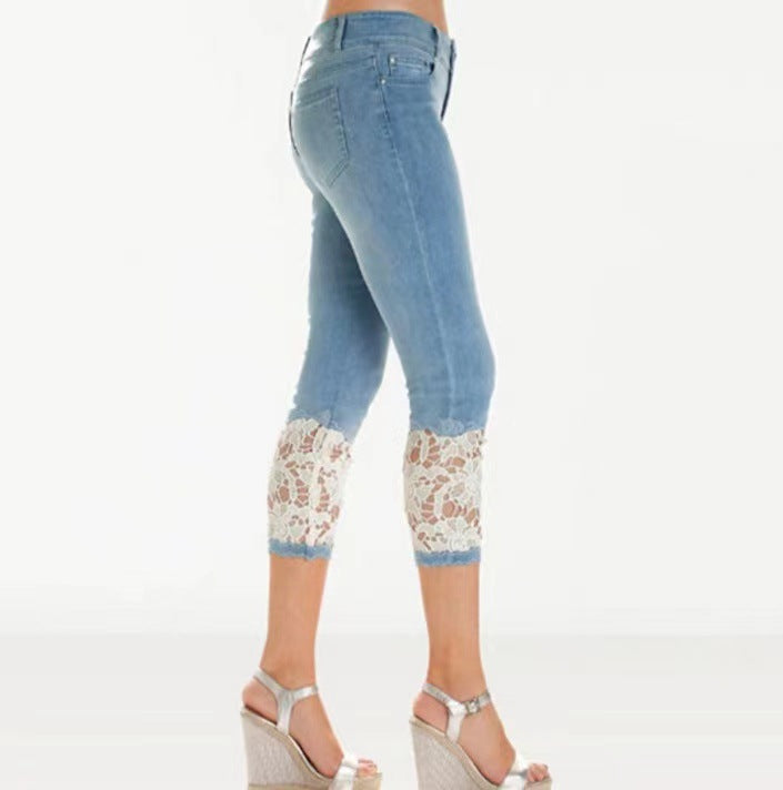 Damen Jeanshose mit Spitzenverzierung und figurbetontem Schnitt WW