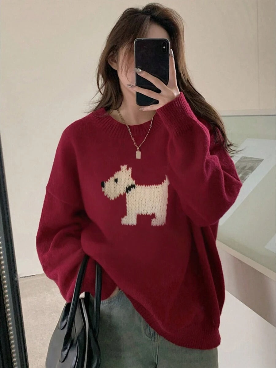 Damen Strickpullover mit süßem Dog-Motiv und bequemer Passform WW
