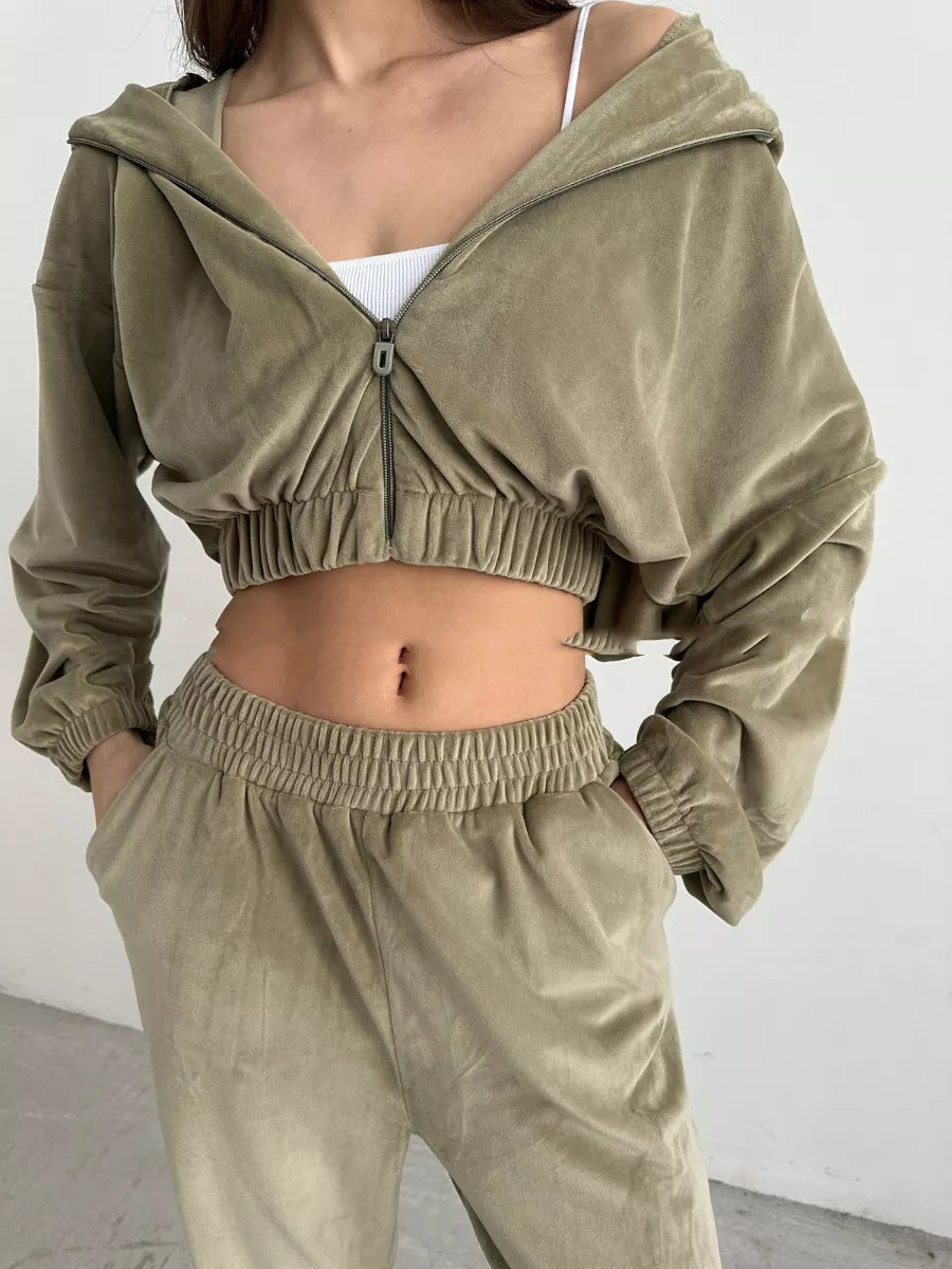 Damen sportliches Fleece Ensemble mit modernem Reißverschluss und elastischem Bund WW