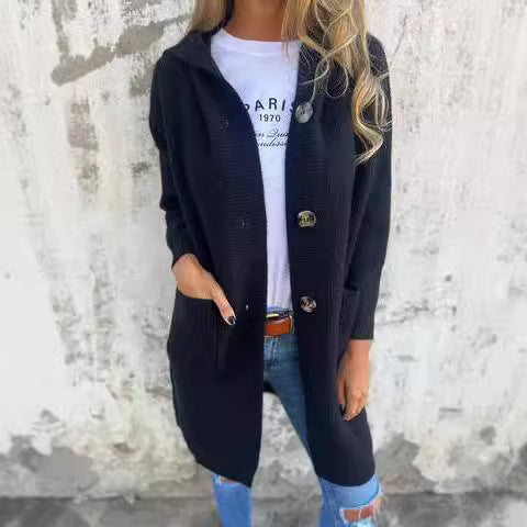 Damen Lange Strickjacke mit hochwertiger Rippstruktur und eleganten Knöpfen WW