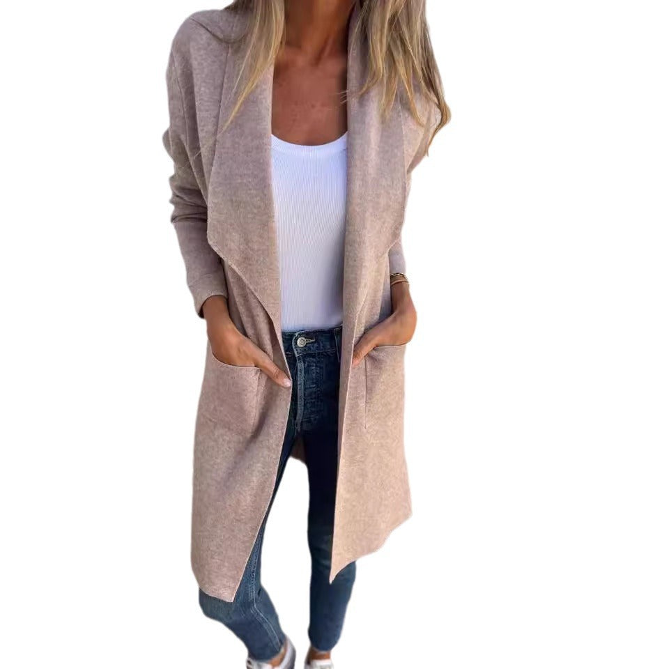 Damen Langer Strickcardigan mit offenen Kanten und Taschen WW