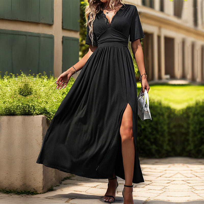 Damen Maxikleid mit transparentem Spitzen-DEtail und seitlichem Schlitz WW