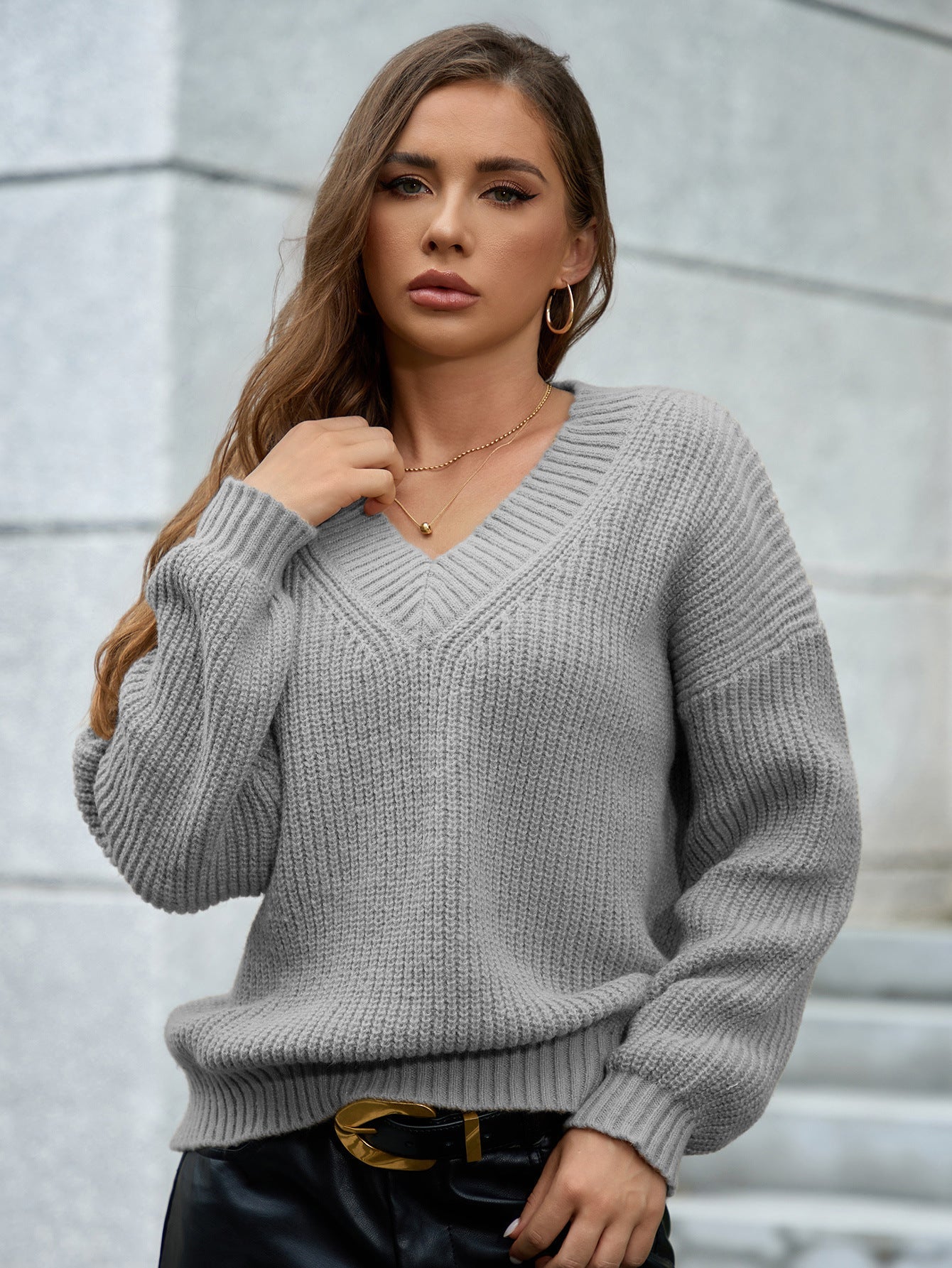Damen gemütlicher V-Ausschnitt Strickpullover mit lockerem Schnitt und strukturiertem Muster WW