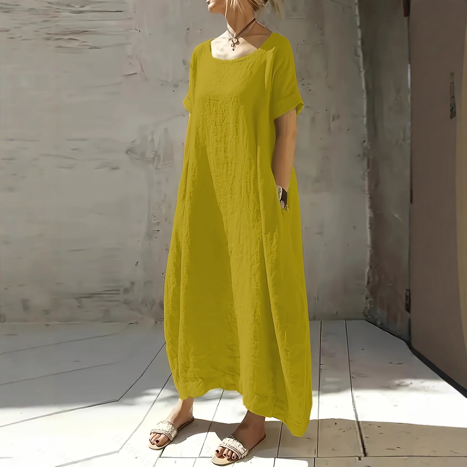 Damen lässiges Maxikleid mit überschnittenen Schultern und praktischen Seitentaschen WW