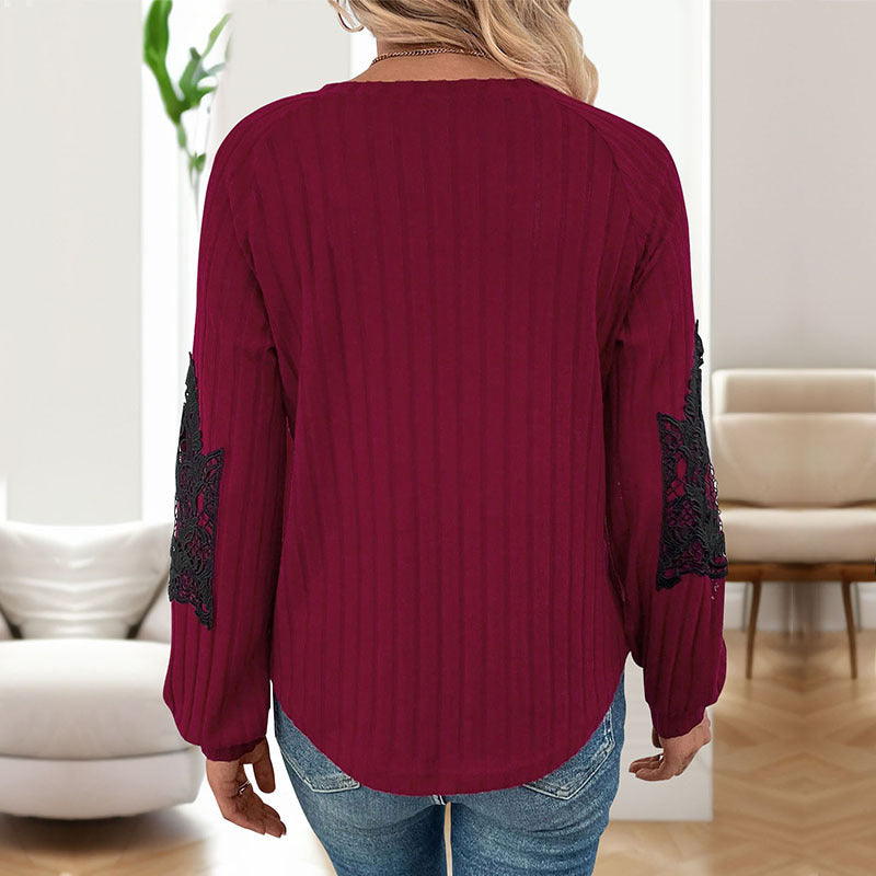 Damen Strickpullover mit Spitzenärmeln und V-Ausschnitt WW