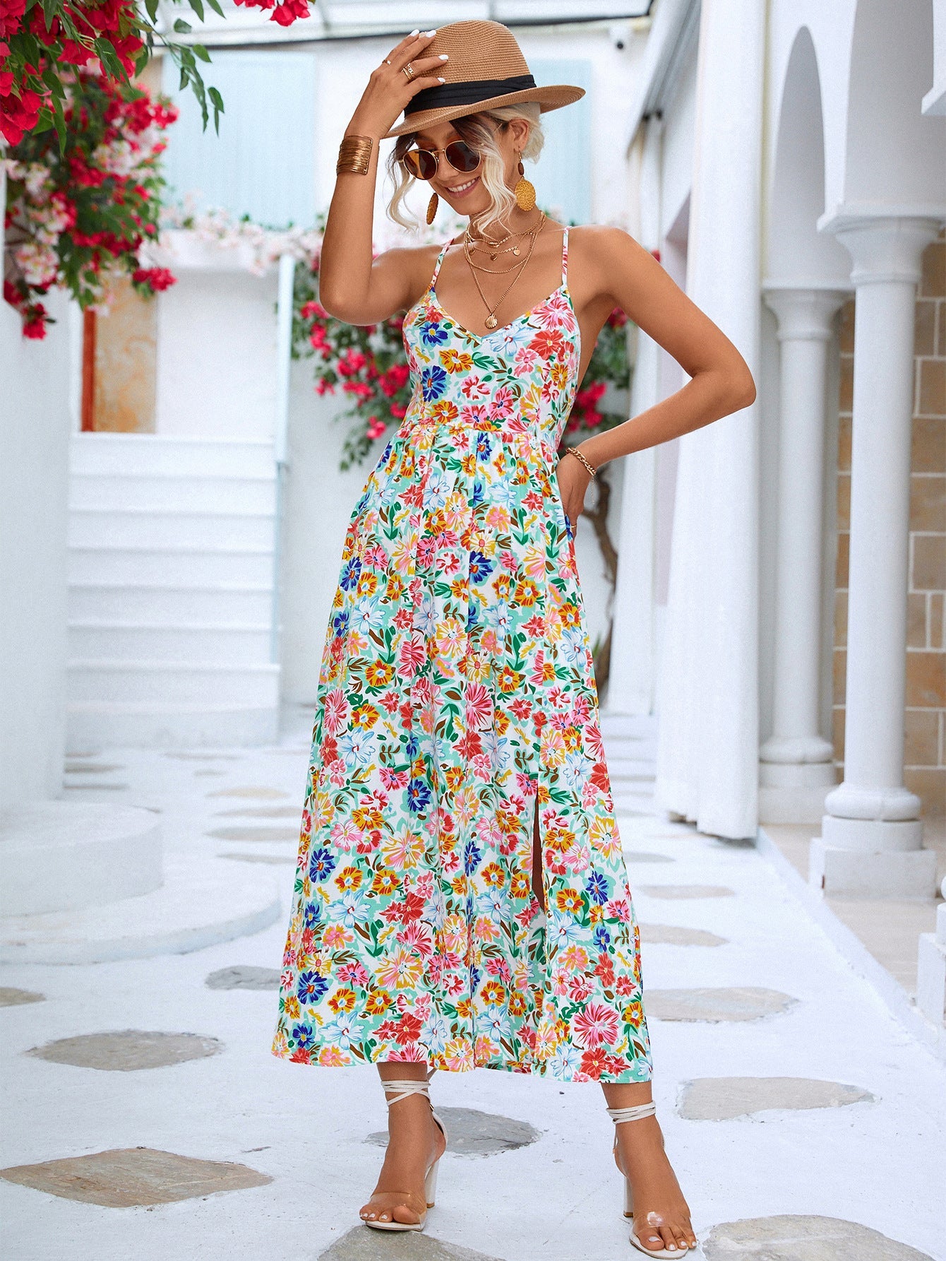 Damen Maxikleid mit floralen Mustern und dezentem Schlitz WW