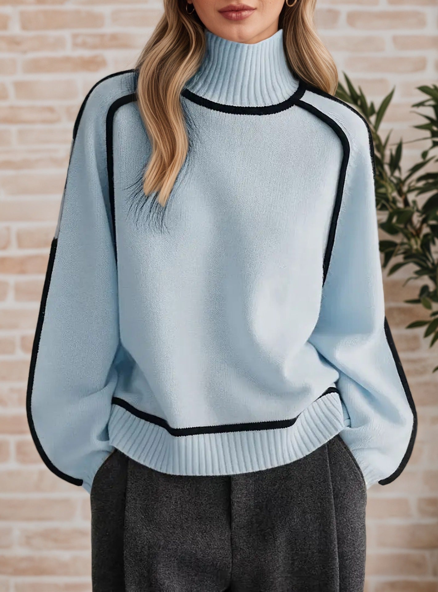 Damen Pullover mit hohem Kragen und Volumenärmeln WW