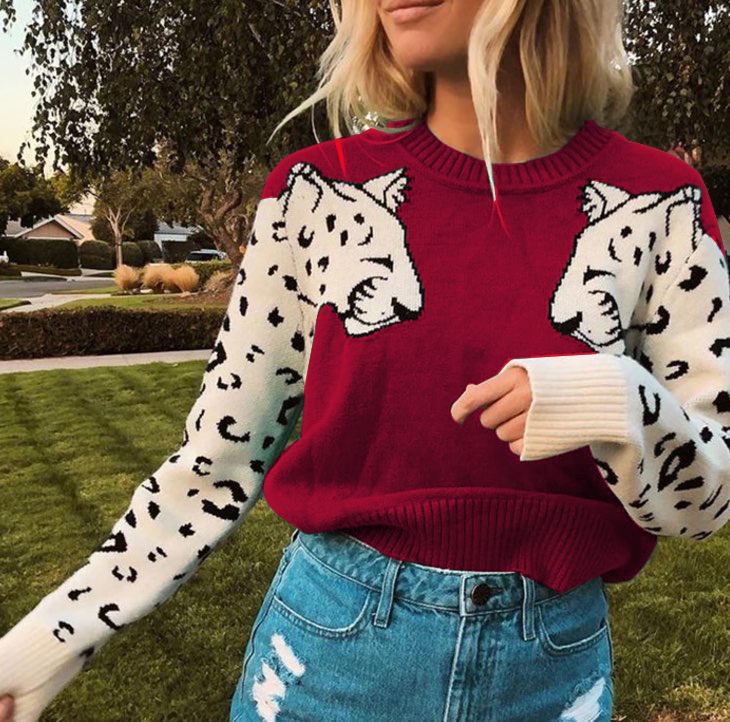 Damen Kuscheliger Pullover mit lebhaftem Tiermotiv und kontrastierenden Ärmeln WW