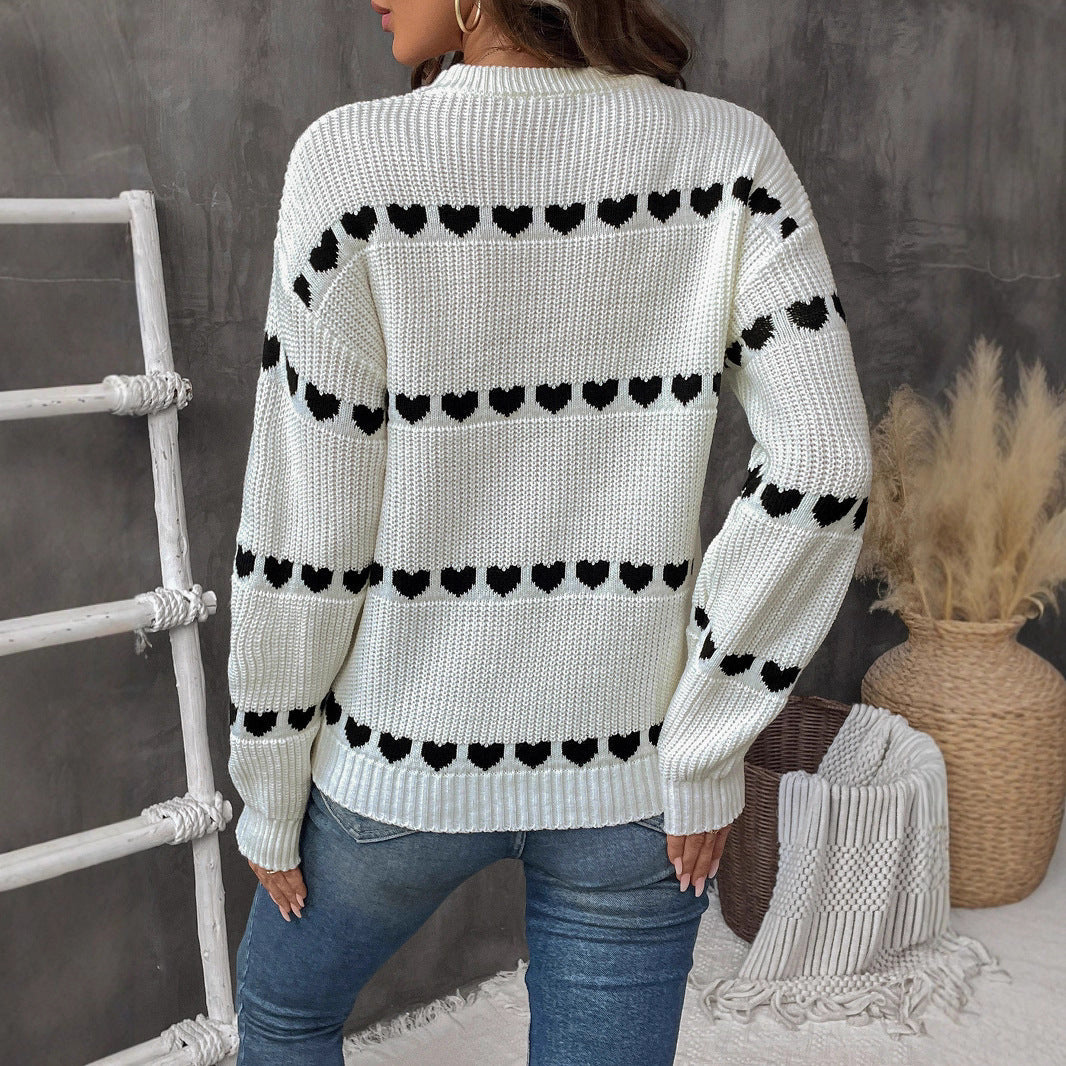 Damen lässiger Strickpullover mit Herzenmuster und lockerem Schnitt WW