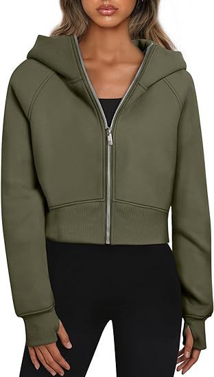 Damen cropped Kapuzenpullover mit Reißverschluss und elastischem Bund WW
