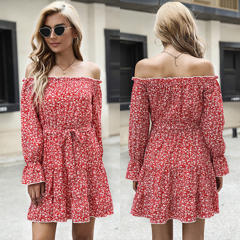 Damen Off-Shoulder Kleid mit floralen Details und Bindegürtel WW