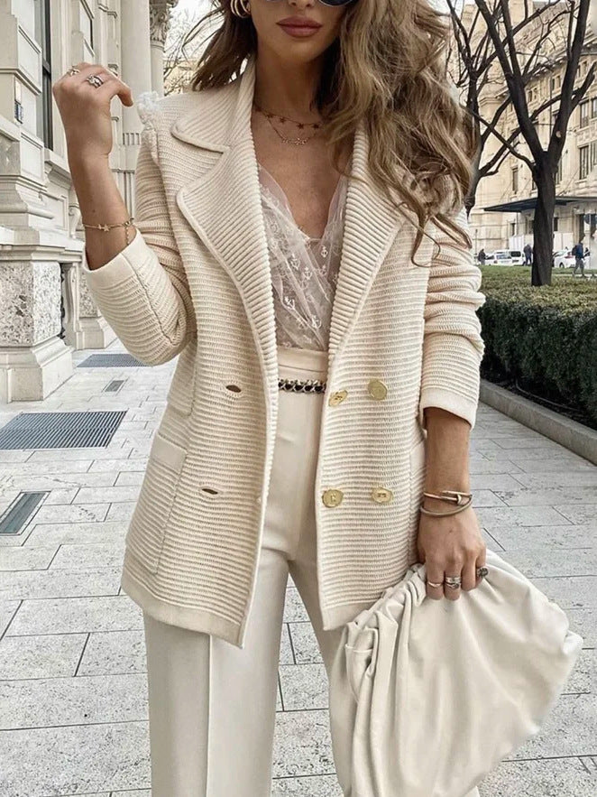 Damen eleganter Strickblazer mit doppelter Knopfleiste und Taschen WW
