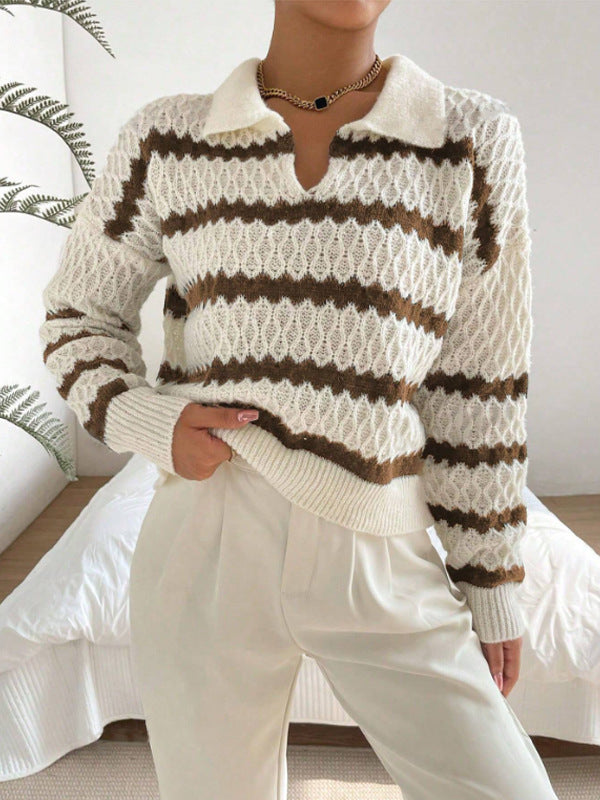 Damen Strickpullover im lässigen Stil mit strukturiertem V-Ausschnitt und hellen Akzenten WW