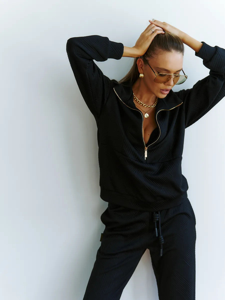 Damen sportliches Loungewear-Set mit modernem Reißverschluss und gestreiftem Design WW