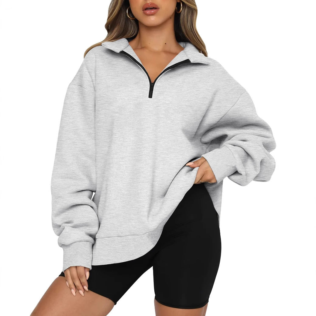 Damen Sportlicher Oversized Pullover mit Reißverschluss und seitlichem Schlitz WW