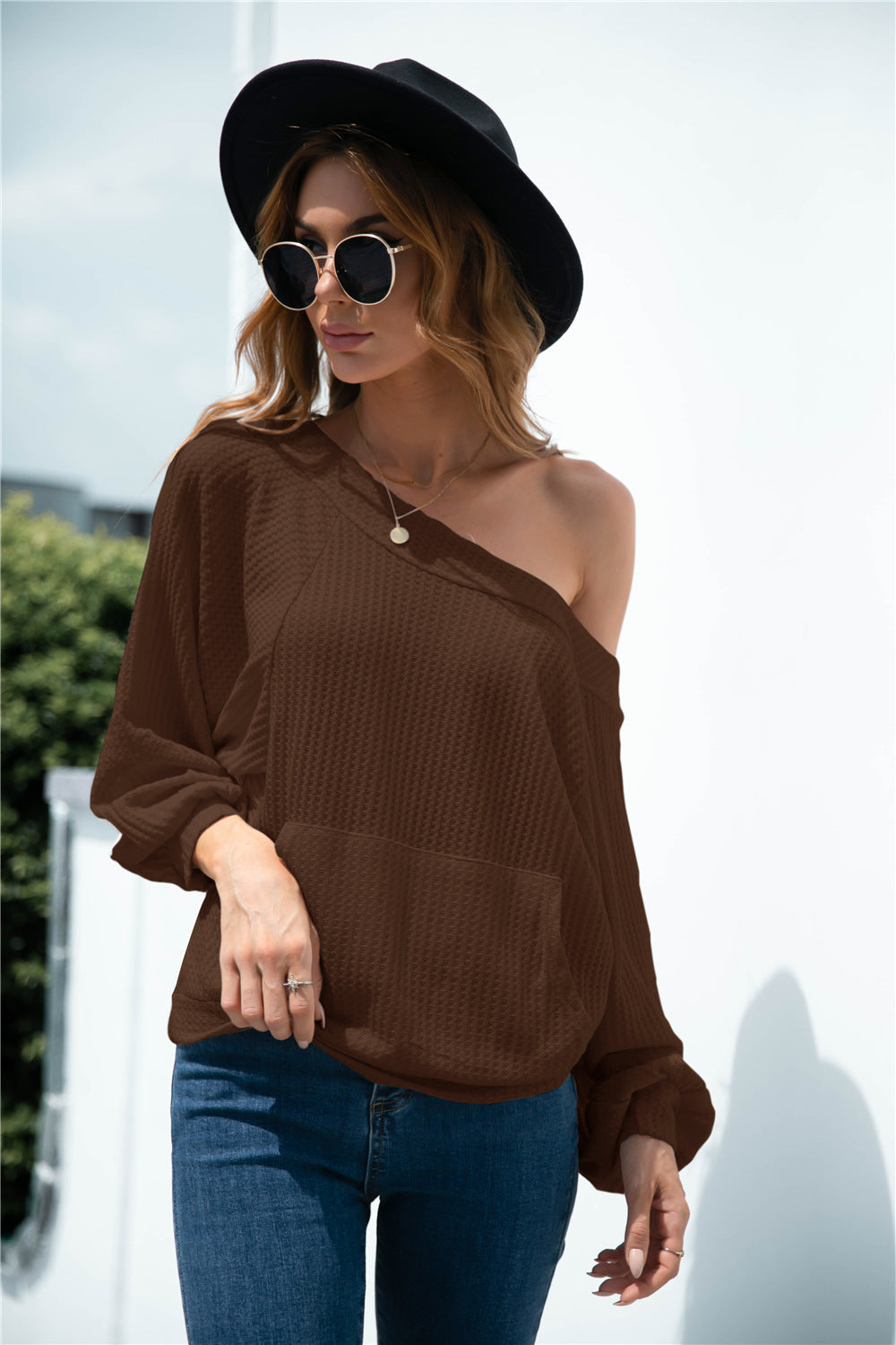 Damen lässiger Pullover mit asymmetrischem Ausschnitt und praktischer Kängurutasche WW