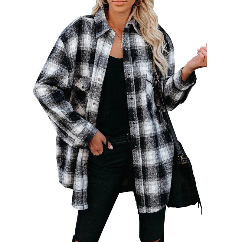 Damen Karierte Flanellbluse mit Brusttaschen und bequemer Passform WW