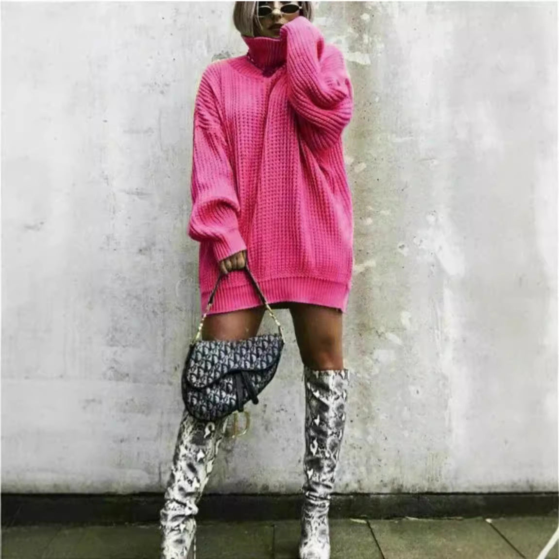 Damen Oversized Strickpullover mit hohem Kragen und Waffelmuster WW