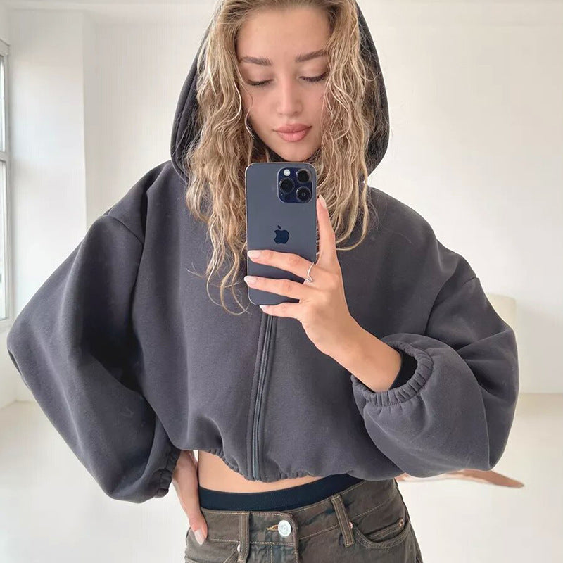 Damen cropped Kapuzenpullover mit oversized Ärmel WW