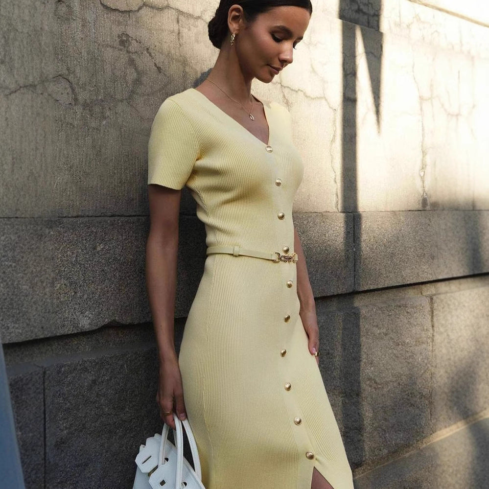 Damen Midi-Kleid mit strukturiertem Rippdesign und Knopfleiste WW