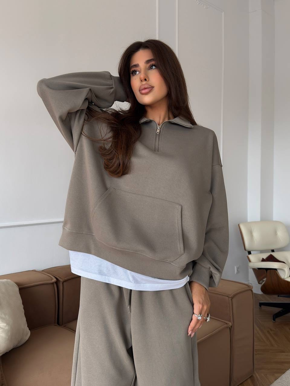 Damen lässiges Fleece-Set mit hochgeschlossenem Reißverschluss und weiten Beinen WW