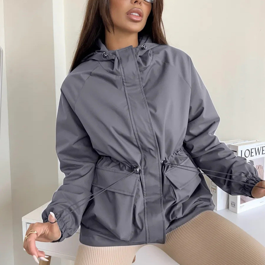 Damen leichte Windbreaker-Jacke mit verstellbarem Bund und praktischen Taschen WW