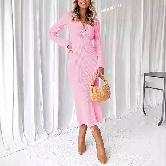 Damen elegantes Midikleid mit V-Ausschnitt und strukturiertem Rippdesign WW
