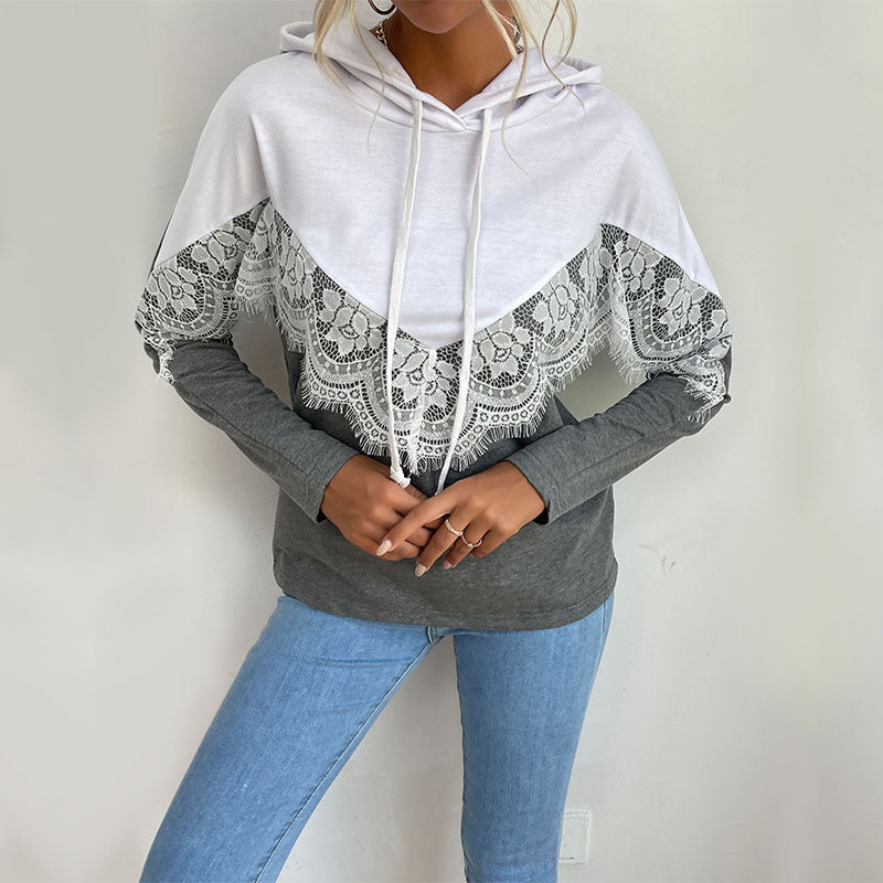 Damen Kapuzenpullover mit elegantem Spitzendesign und kontrastierenden Farben WW