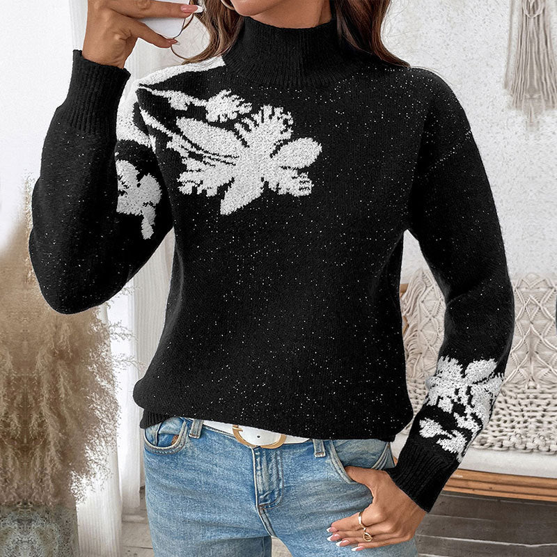Damen Strickpullover mit floralem Muster und hohem Kragen WW