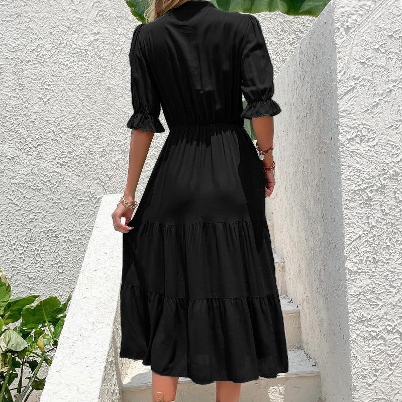 Damen Midikleid mit schickem Rüschensaum und elegantem Stehkragen WW