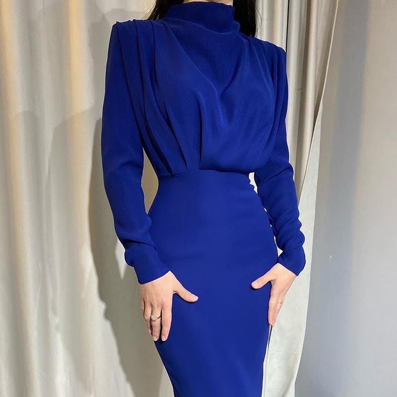 Damen Elegantes und figurbetontes Langarmkleid mit hohem Kragen WW