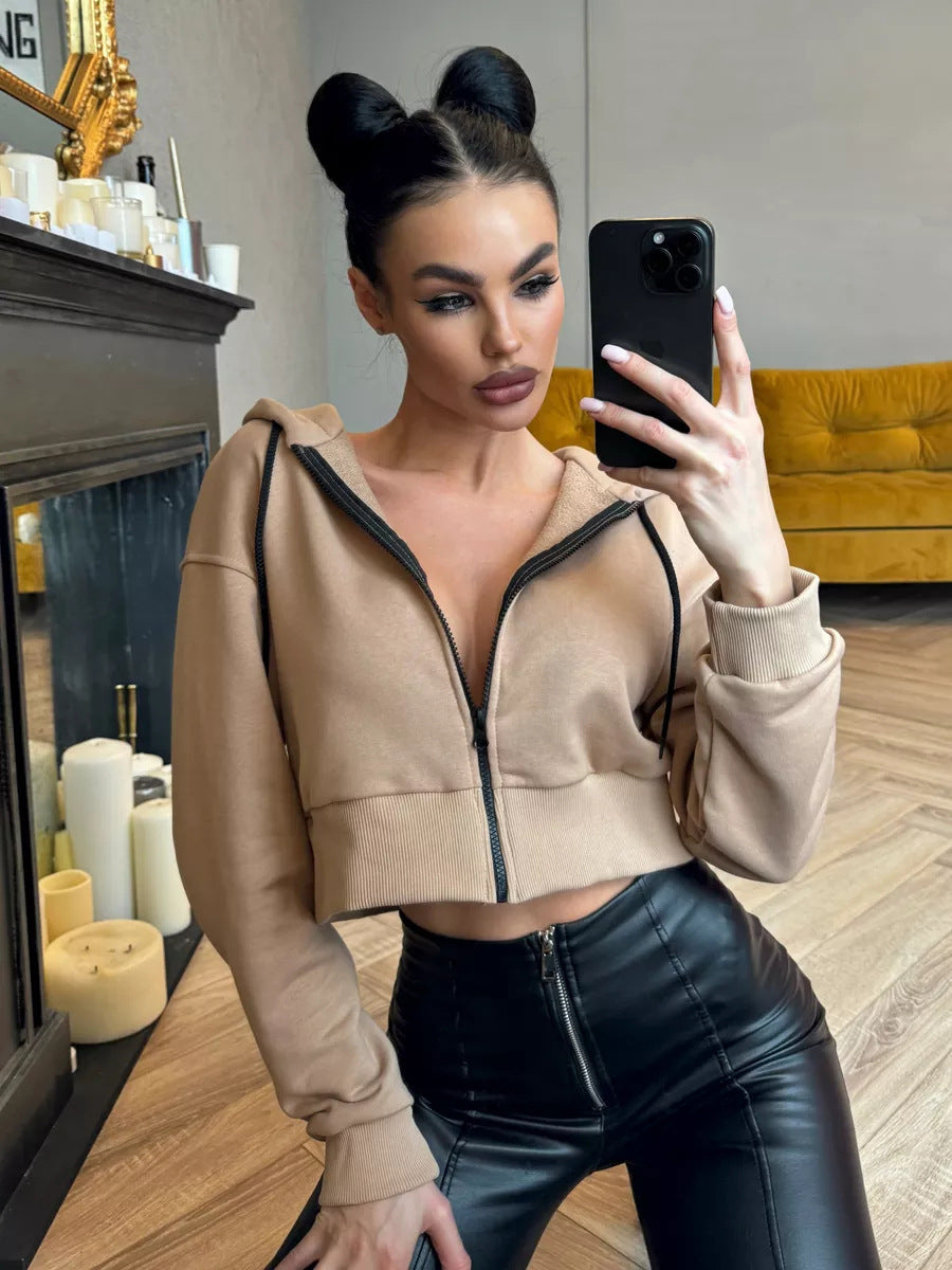 Damen lässiger Kurzarm Zip-Hoodie WW