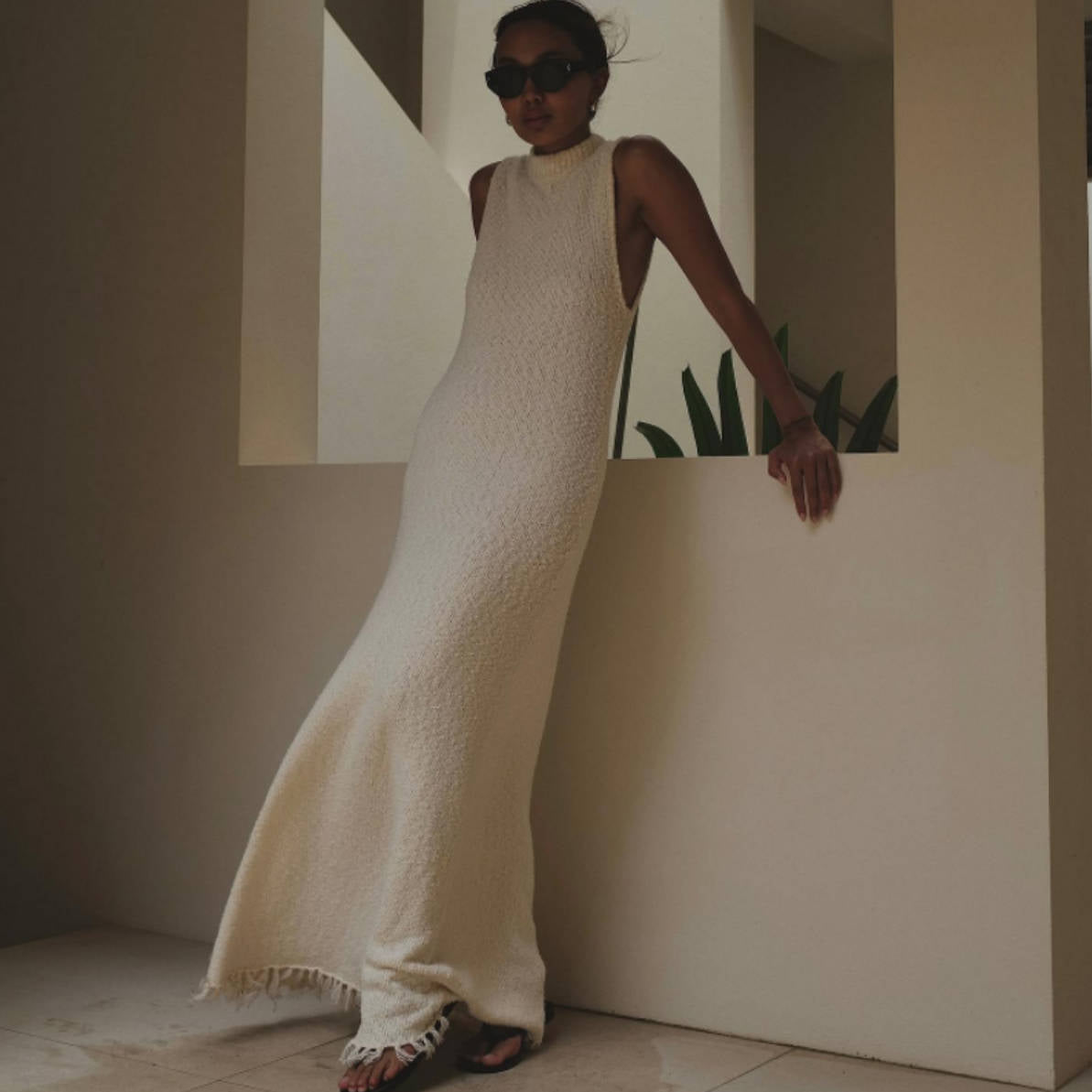 Damen Maxikleid mit Fransen und feiner Struktur WW