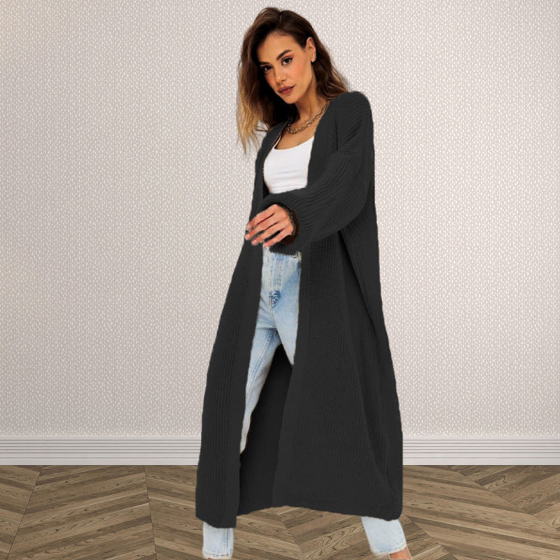 Damen Langer gestrickter Cardigan mit lässigem Schnitt und strukturierter Textur WW