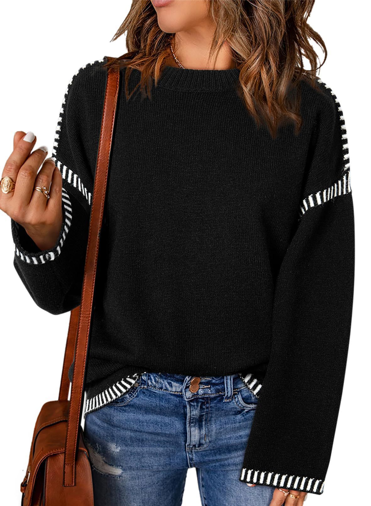 Damen modischer Pullover mit kontrastierenden Ärmelabschlüssen und legerem Schnitt WW
